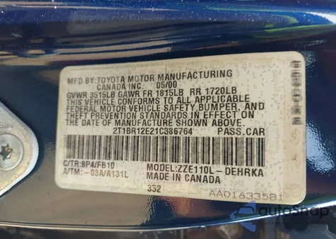 2001 Toyota Corolla Ce from USA, damaged, VIN 2T1BR12E21C386764